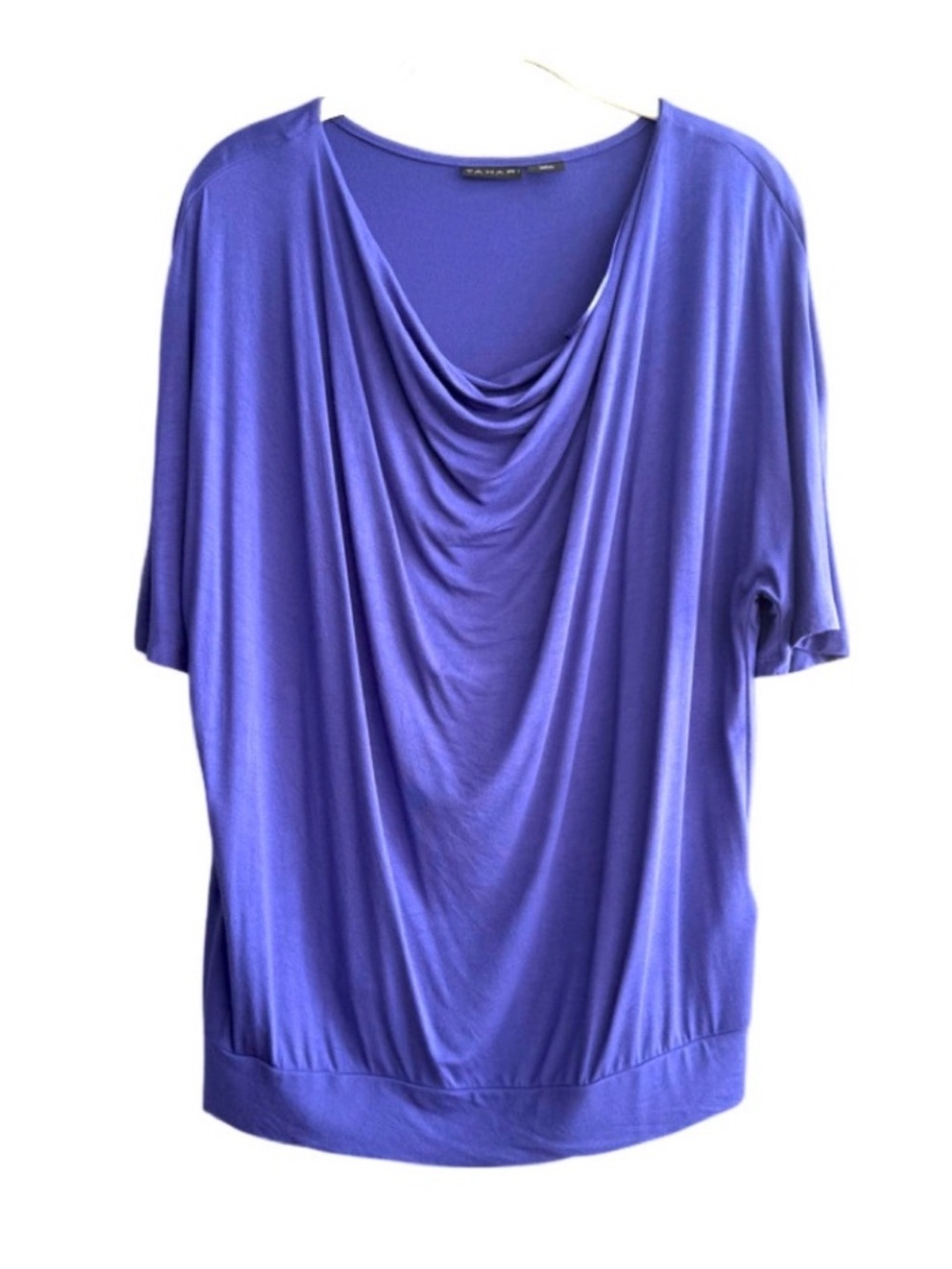 Tahari Draped Neck Jersey Blouse Short Sleeves Relaxed Fit Banded Blue Size M